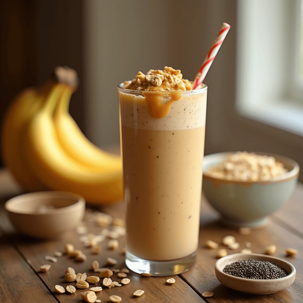 Thick and protein-packed peanut butter smoothie in a tall glass, surrounded by bananas, oats, and peanut butter.