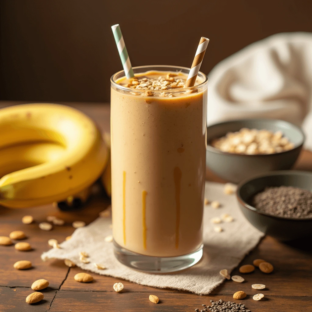 A refreshing banana peanut butter smoothie with a straw, served on a wooden table with ingredients around it.