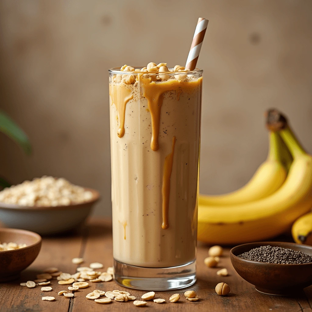 A creamy peanut butter smoothie in a glass, topped with a drizzle of peanut butter and crushed peanuts.