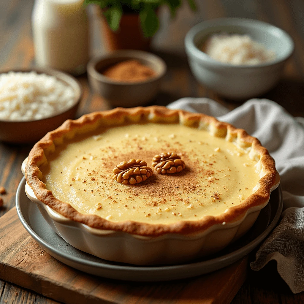 Close-up of rice pie batter being mixed in a bowl, showing a smooth, custard-like consistency with visible rice grains.