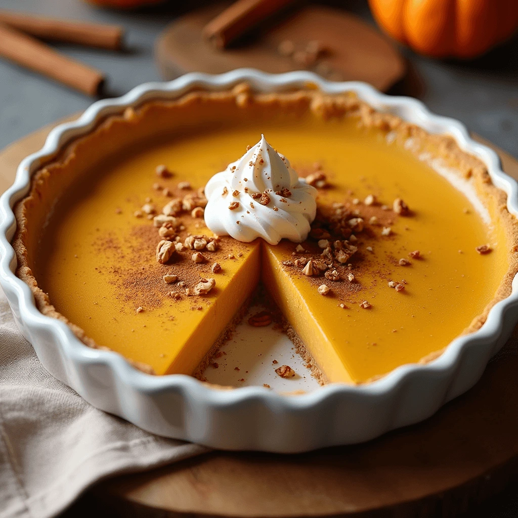 A flat-lay shot of the ingredients for crustless vegan pumpkin pie, including pumpkin purée, coconut milk, maple syrup, and spices.