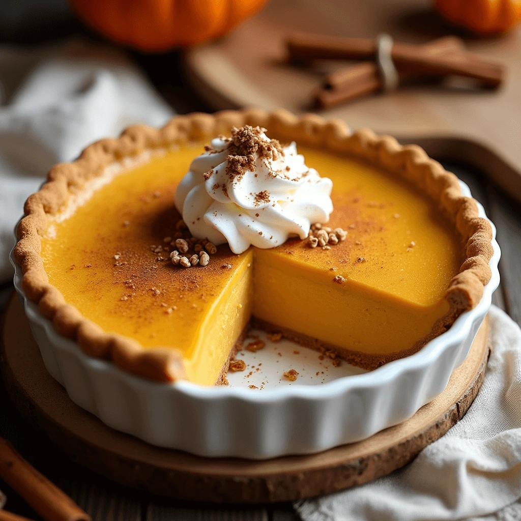 A slice of crustless vegan pumpkin pie on a white plate, topped with coconut whipped cream and a sprinkle of cinnamon.