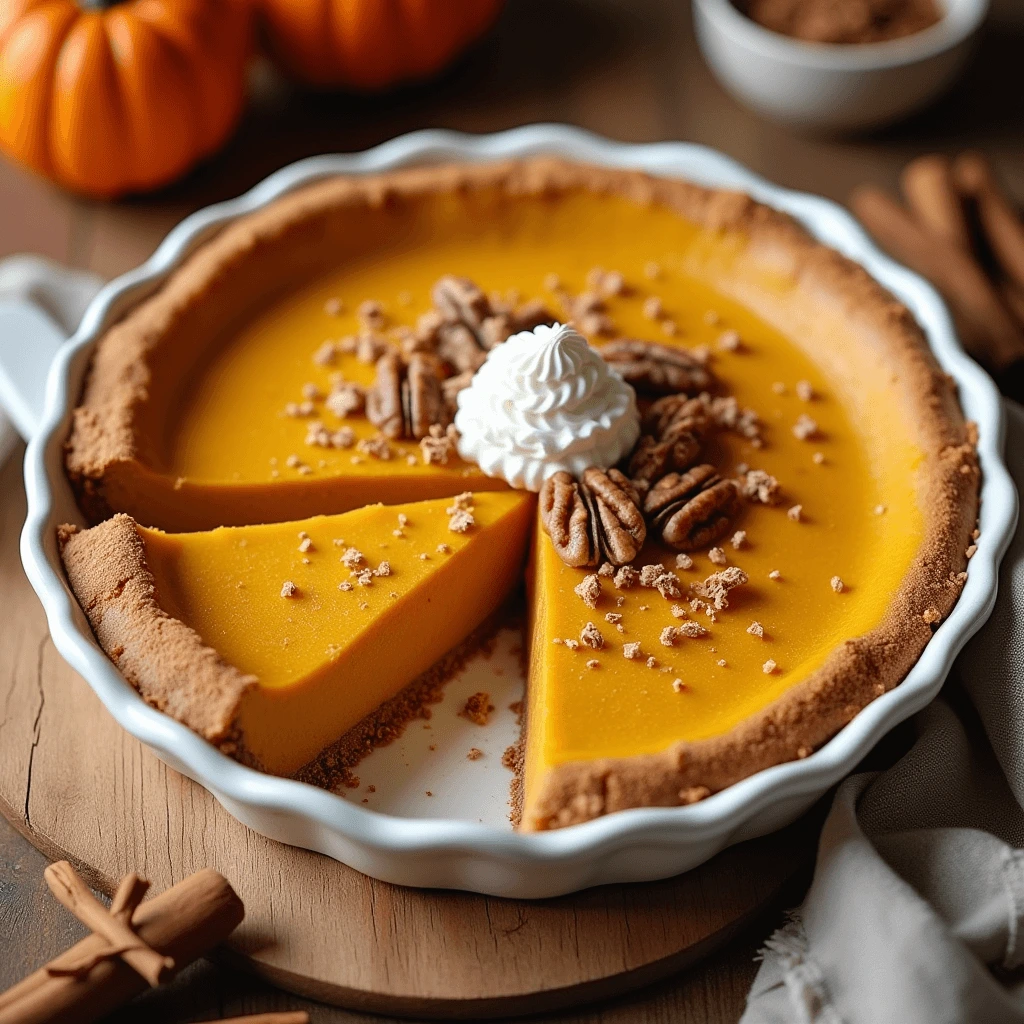 A freshly baked crustless vegan pumpkin pie with a golden-orange hue, served in a white ceramic dish on a rustic wooden table.