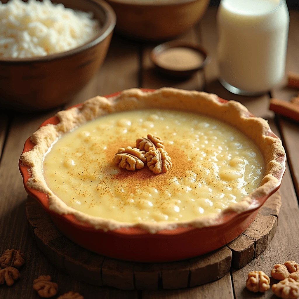 Homemade easy rice pie with a smooth, custard-like texture, garnished with a light dusting of cinnamon and walnut pieces, served in a rustic pie dish on a wooden table.