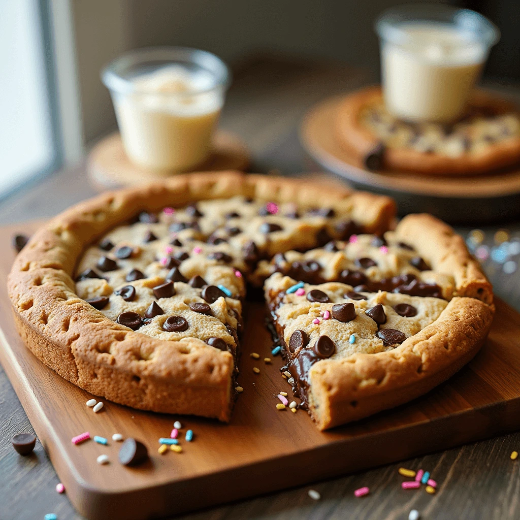 Cookie pizza topped with colorful sprinkles, chocolate chips, and a scoop of vanilla ice cream.