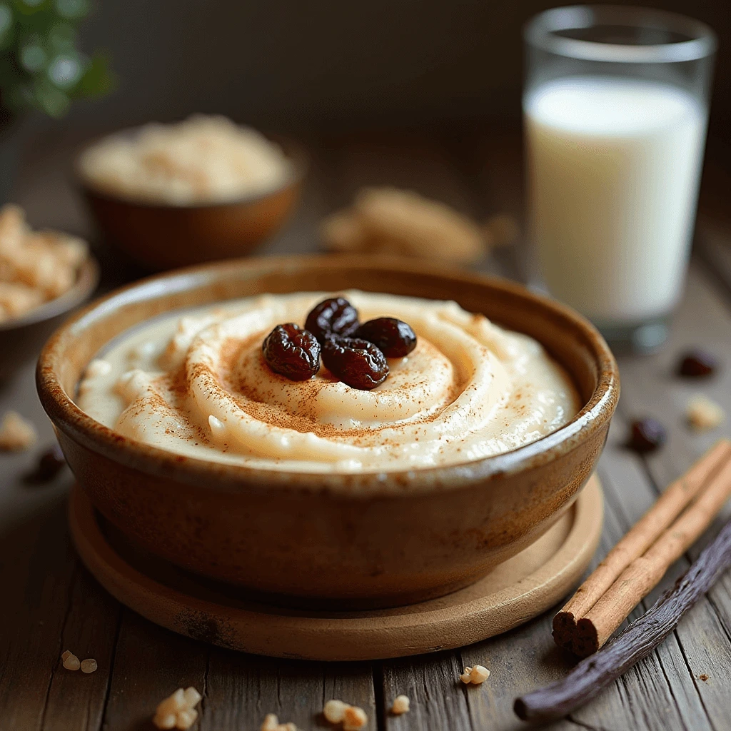 Close-up of creamy brown rice pudding served in a rustic ceramic bowl, garnished with a sprinkle of cinnamon and plump raisins on a wooden table.