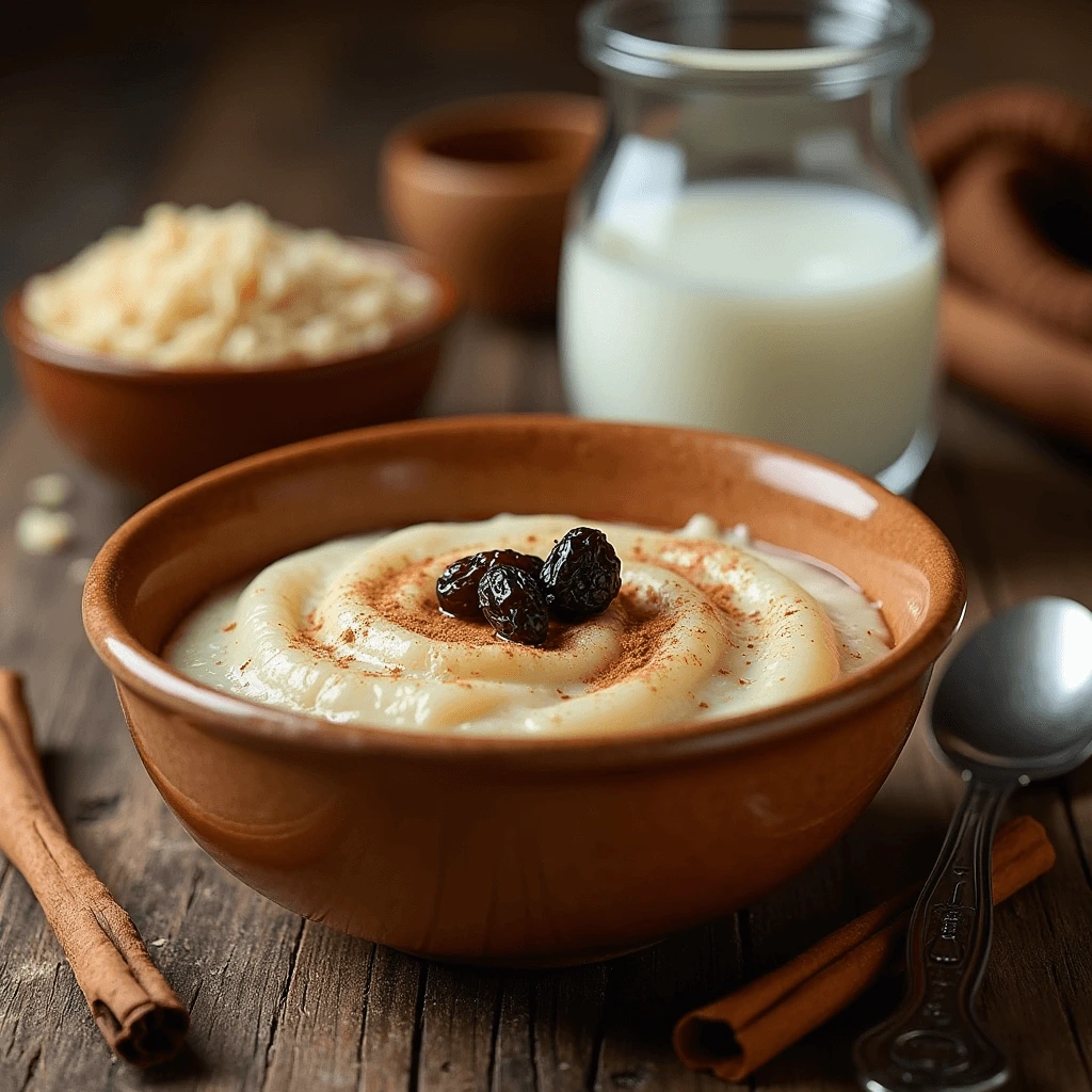 Artistic arrangement of ingredients for brown rice pudding including cooked brown rice, milk, sugar, cinnamon, vanilla extract, raisins, and butter on a rustic wooden table.