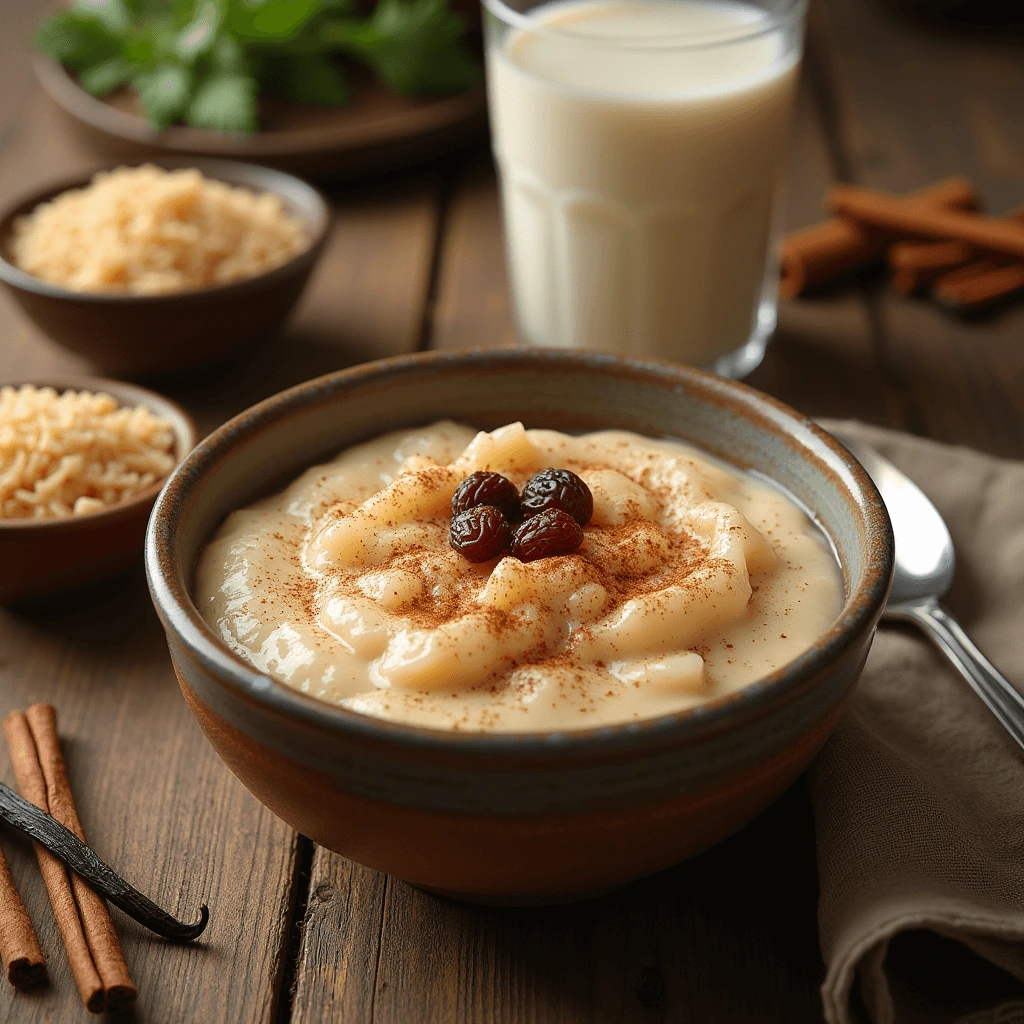 Action shot of brown rice pudding simmering in a saucepan with visible bubbling and stirring, capturing its rich, creamy texture.