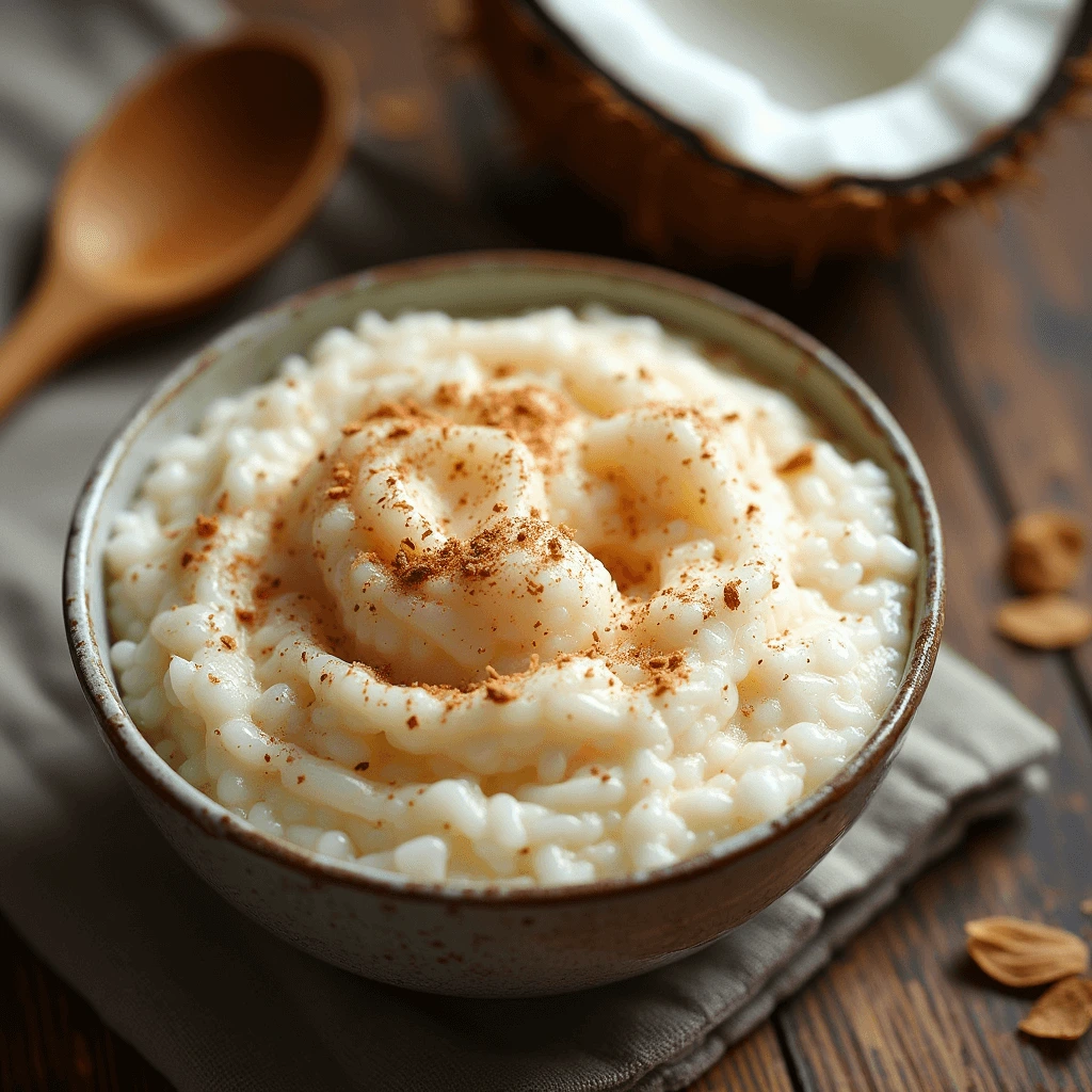 A creamy bowl of coconut milk rice pudding topped with toasted coconut flakes and a sprinkle of cinnamon, served on a wooden table.