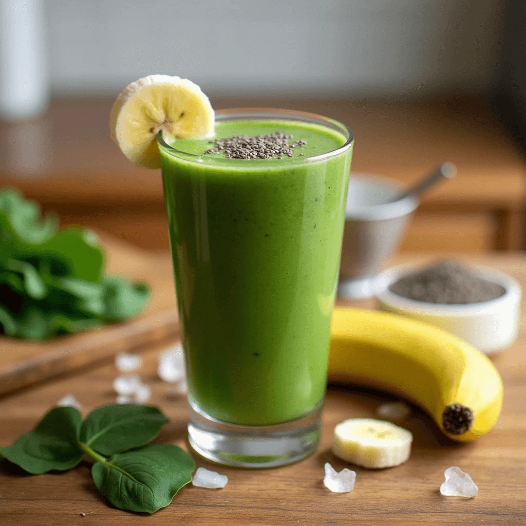 A close-up of a creamy spinach smoothie with vibrant green color, accompanied by fresh spinach leaves and a banana on the side.