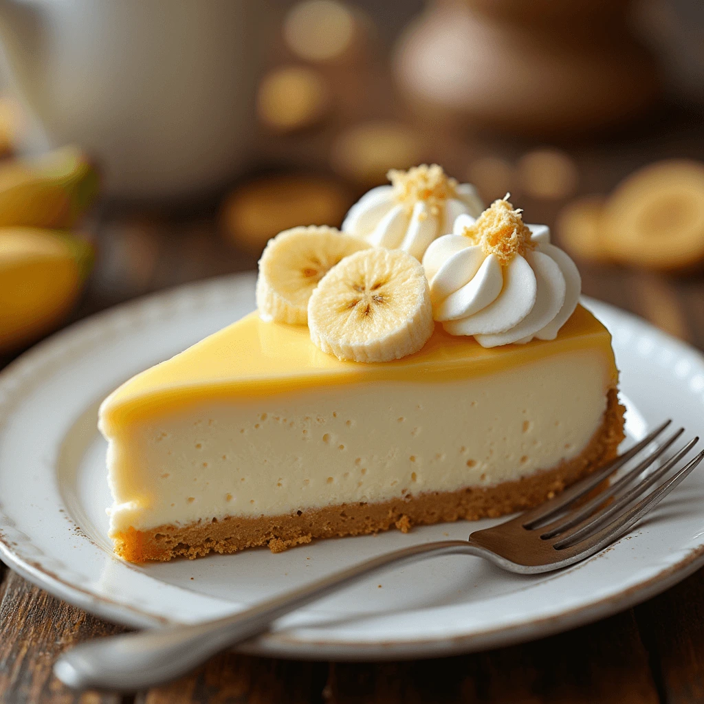 A slice of banana pudding cheesecake on a white plate, showcasing the layers of cheesecake, banana pudding, and vanilla wafer crust.

