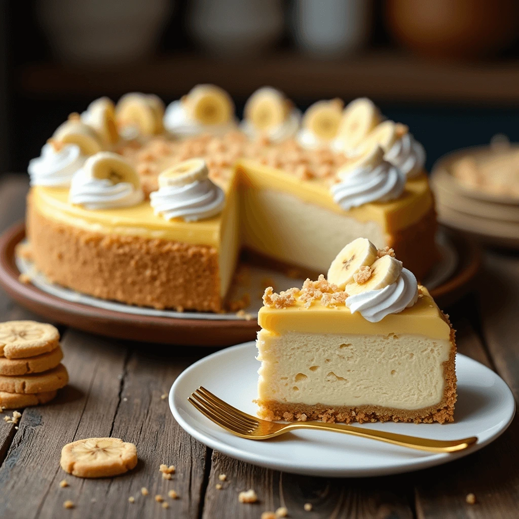 A whole banana pudding cheesecake on a rustic wooden table, topped with whipped cream, banana slices, and crushed vanilla wafers.