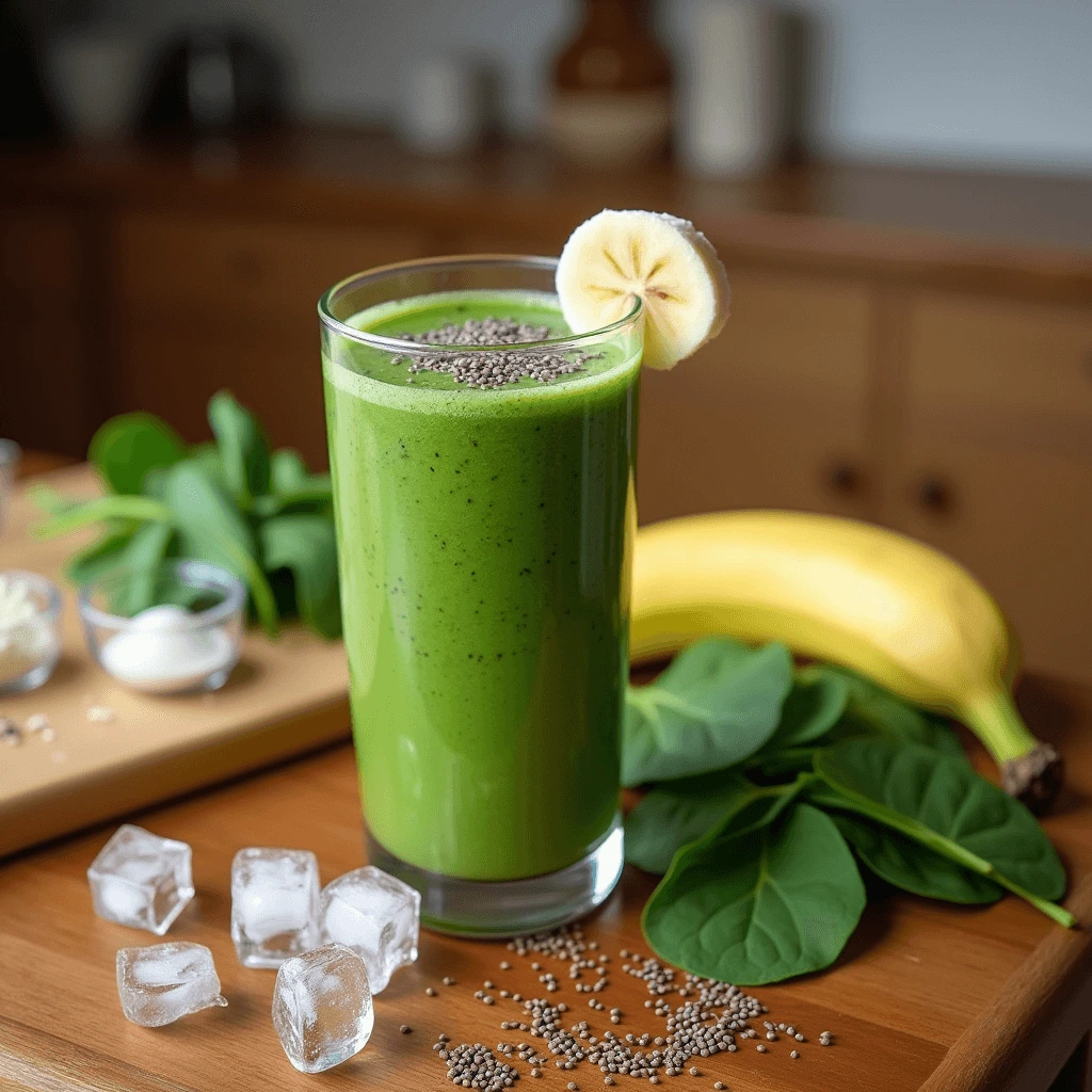 A healthy green spinach smoothie with almond milk, served in a mason jar, garnished with fresh spinach and a straw.