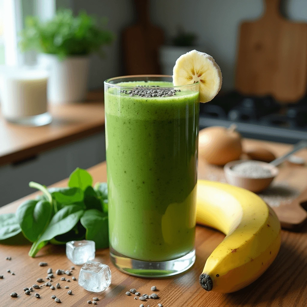 A refreshing spinach smoothie in a clear glass with a banana slice on the rim, topped with chia seeds and placed on a wooden table.