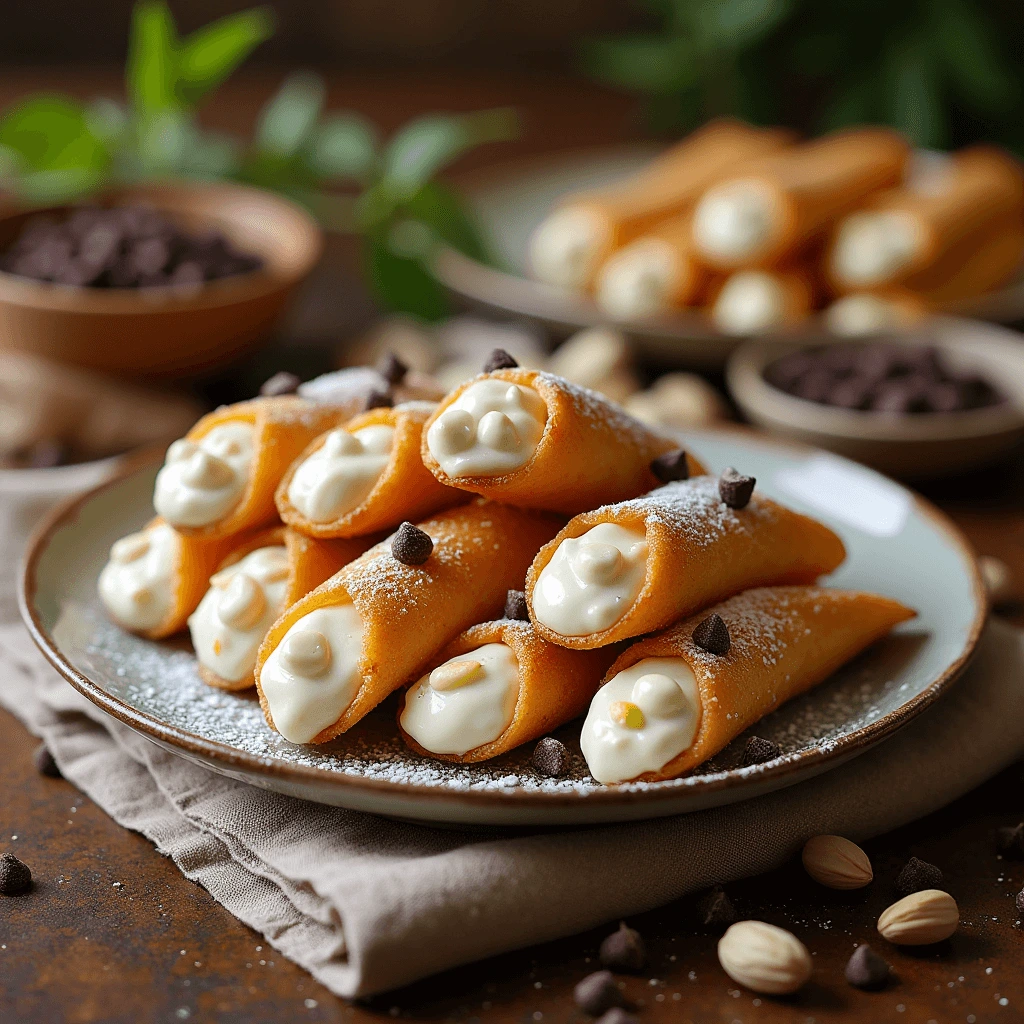 Step-by-step guide to making cannoli: crispy fried shells filled with rich ricotta cream and topped with chocolate chips.