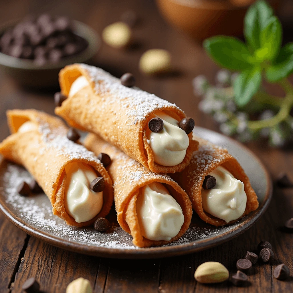 Delicious homemade cannoli with ricotta filling and chocolate chip garnish on a wooden platter, ready to serve.