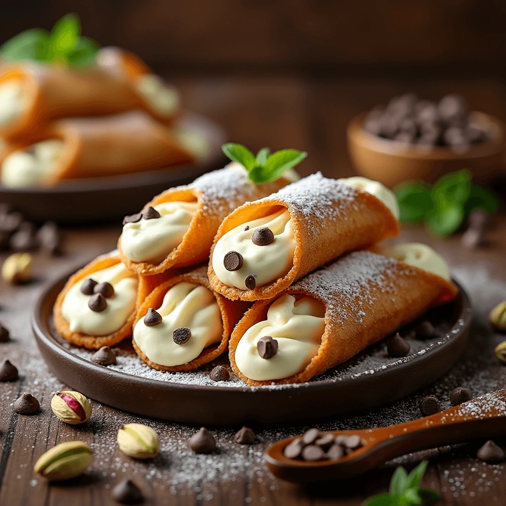 Homemade cannoli filled with creamy ricotta, garnished with chocolate chips and pistachios on a rustic wooden table.