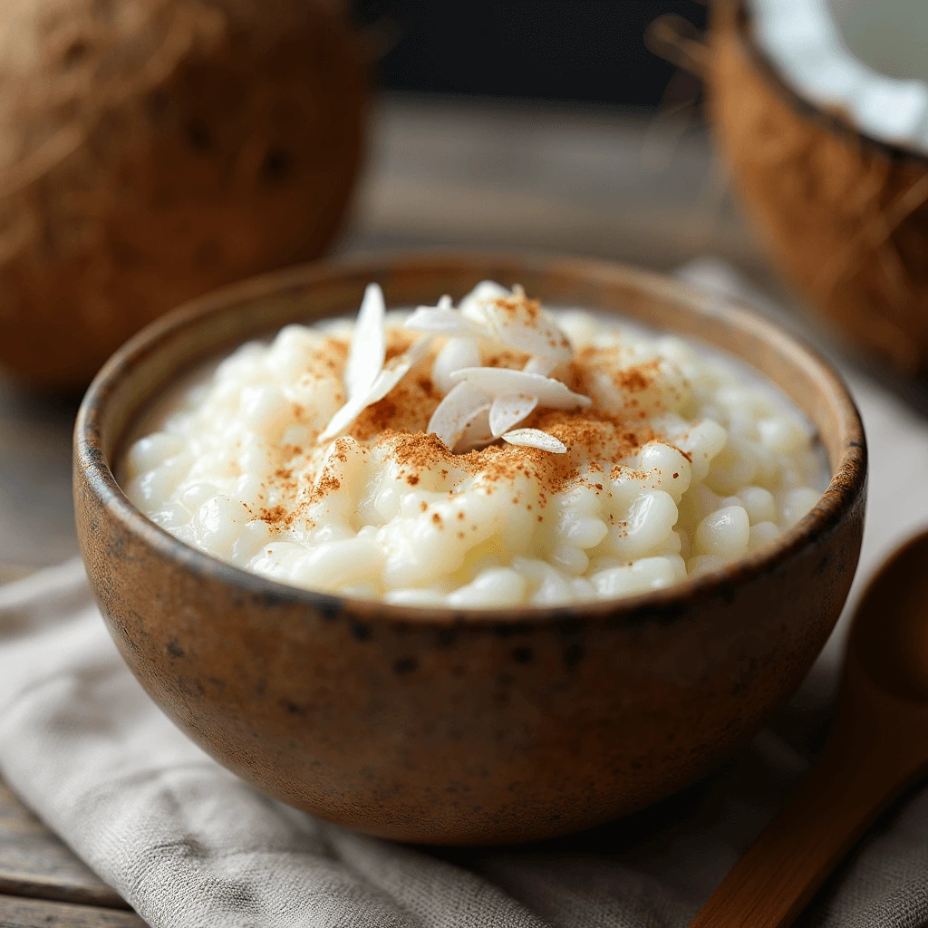 A spoon scooping creamy coconut milk rice pudding from a bowl, showing its smooth texture.