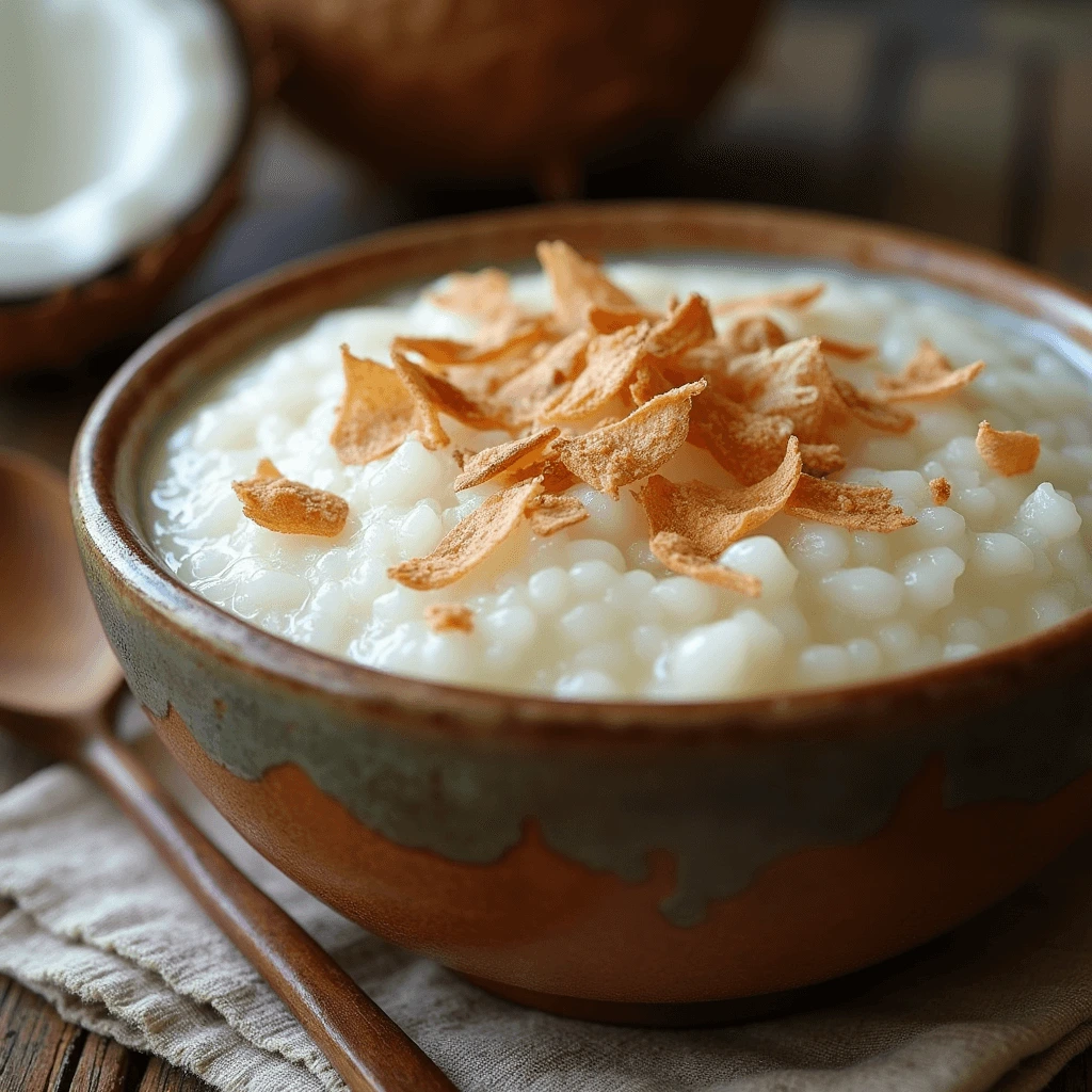 A bowl of coconut milk rice pudding topped with fresh mango slices and toasted coconut, served on a white plate.