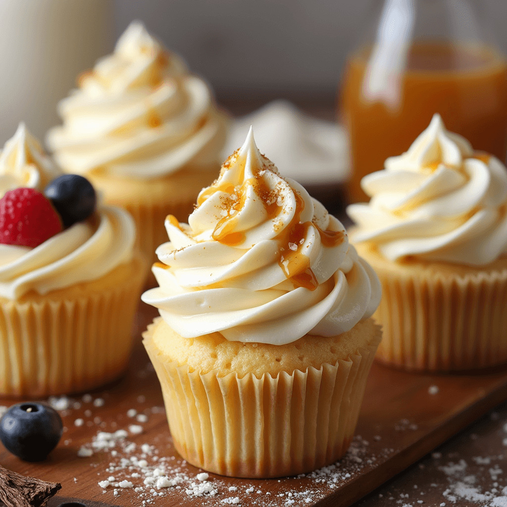 A batch of golden, soft vegan vanilla cupcakes arranged on a wooden tray with fresh berries.