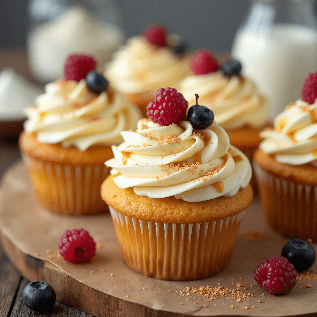 Fluffy vegan vanilla cupcakes topped with creamy dairy-free frosting and a sprinkle of vanilla bean specks.