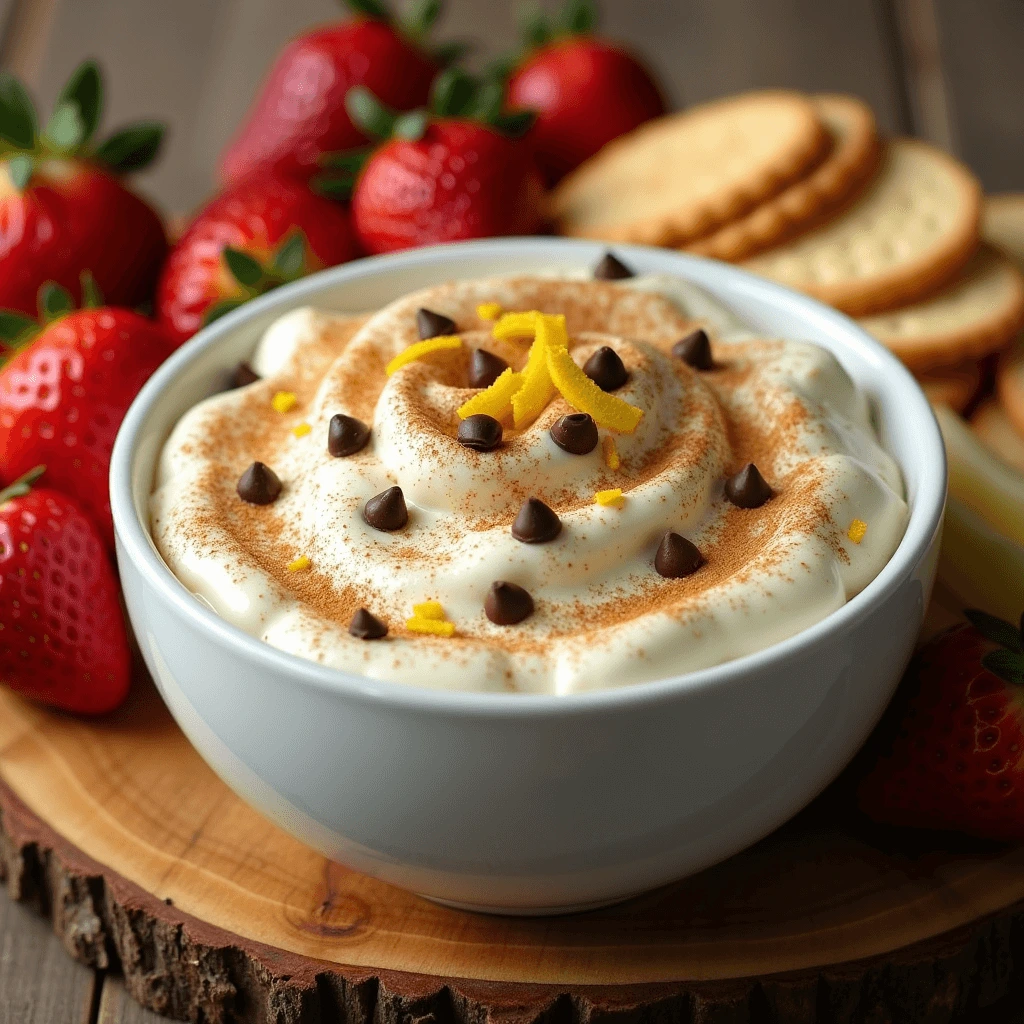 Close-up of a bowl of creamy cannoli dip topped with crushed cannoli shells and a light dusting of powdered sugar.