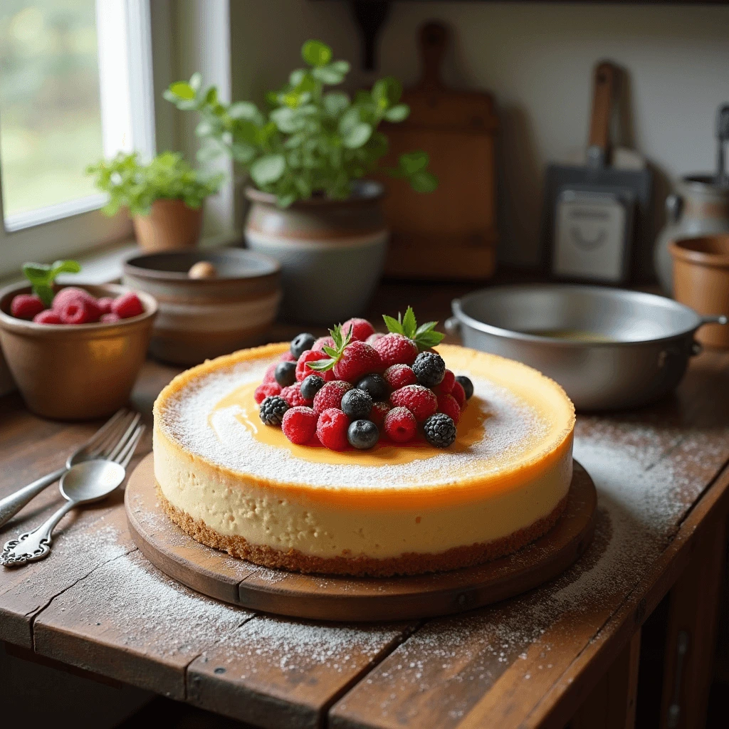 Classic New York Cheesecake with a graham cracker crust, garnished with fresh berries and a dusting of powdered sugar on a rustic wooden table.