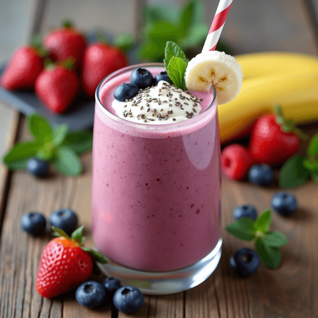 Berry smoothie with yogurt in a glass, topped with chia seeds and fresh berries