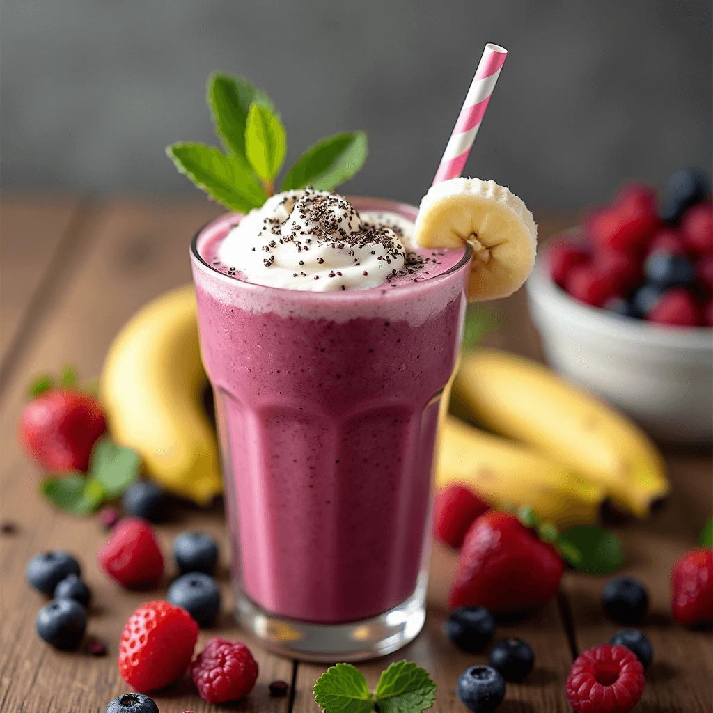 Creamy berry smoothie with yogurt, banana, and chia seeds in a glass