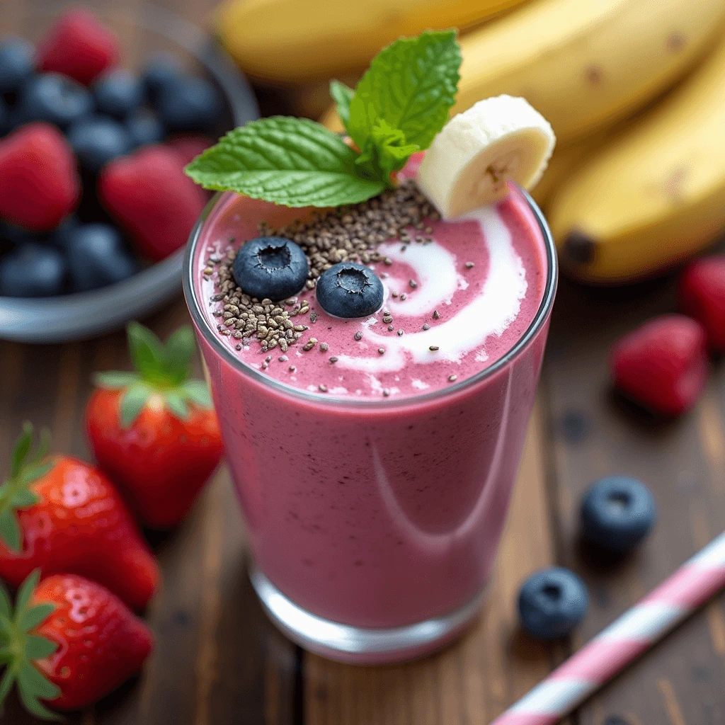 Healthy berry smoothie with yogurt served in a clear glass with mint garnish