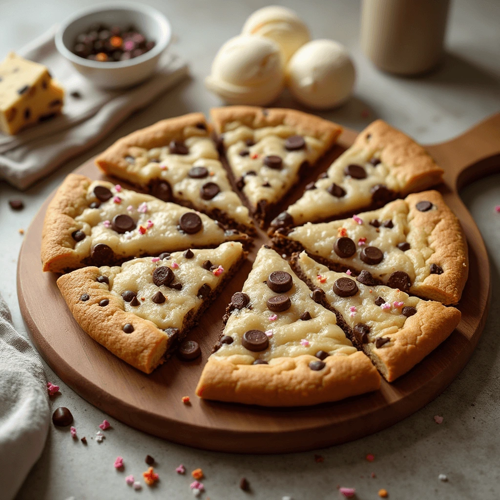 Freshly baked cookie pizza with golden, crispy edges and a gooey center, topped with chocolate chips.