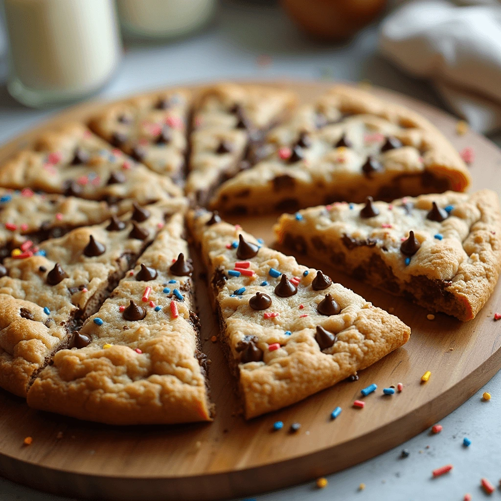 Slices of homemade cookie pizza on a wooden cutting board, served with a drizzle of chocolate sauce.