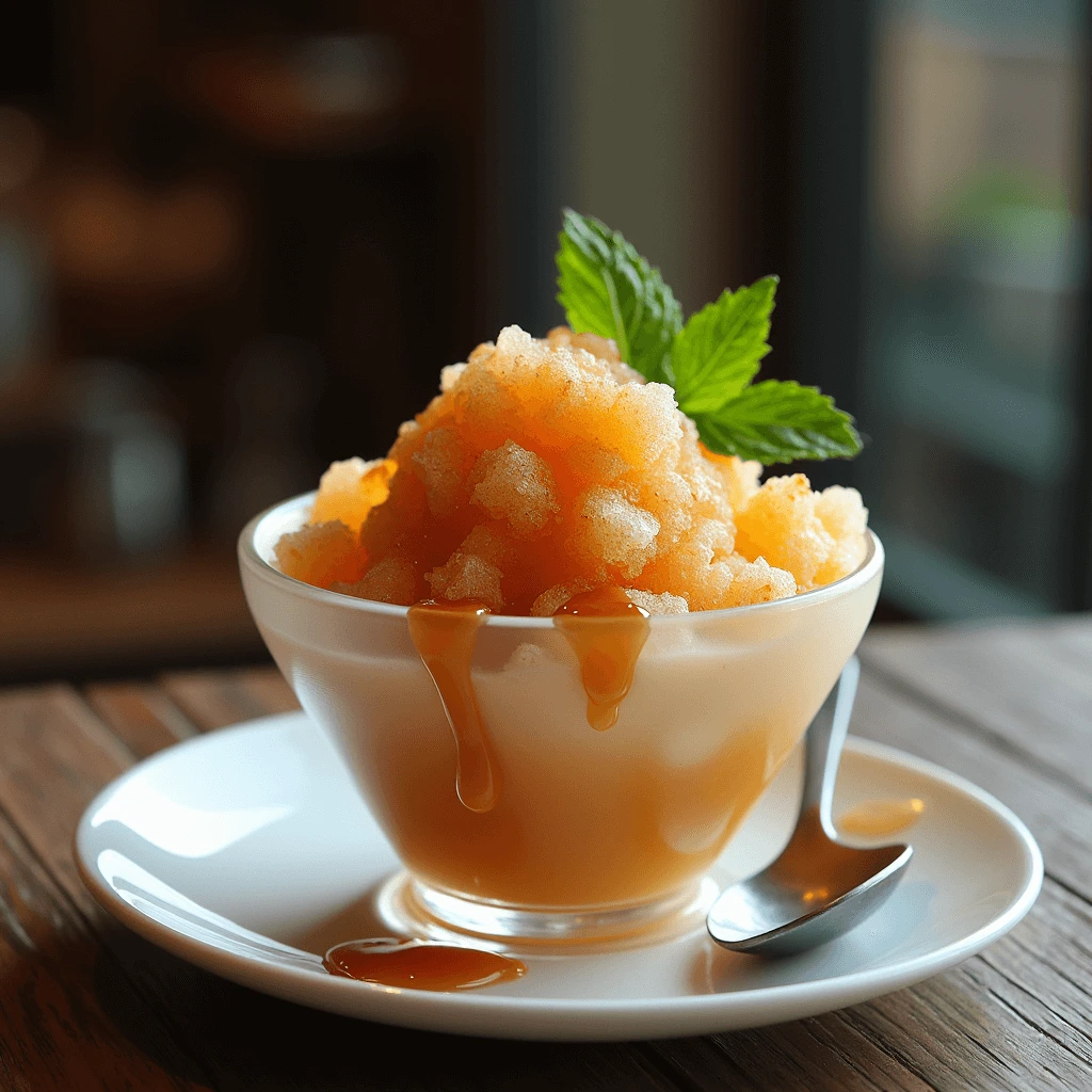 A golden-brown caramel granita served in a glass bowl, garnished with fresh mint and a caramel drizzle.