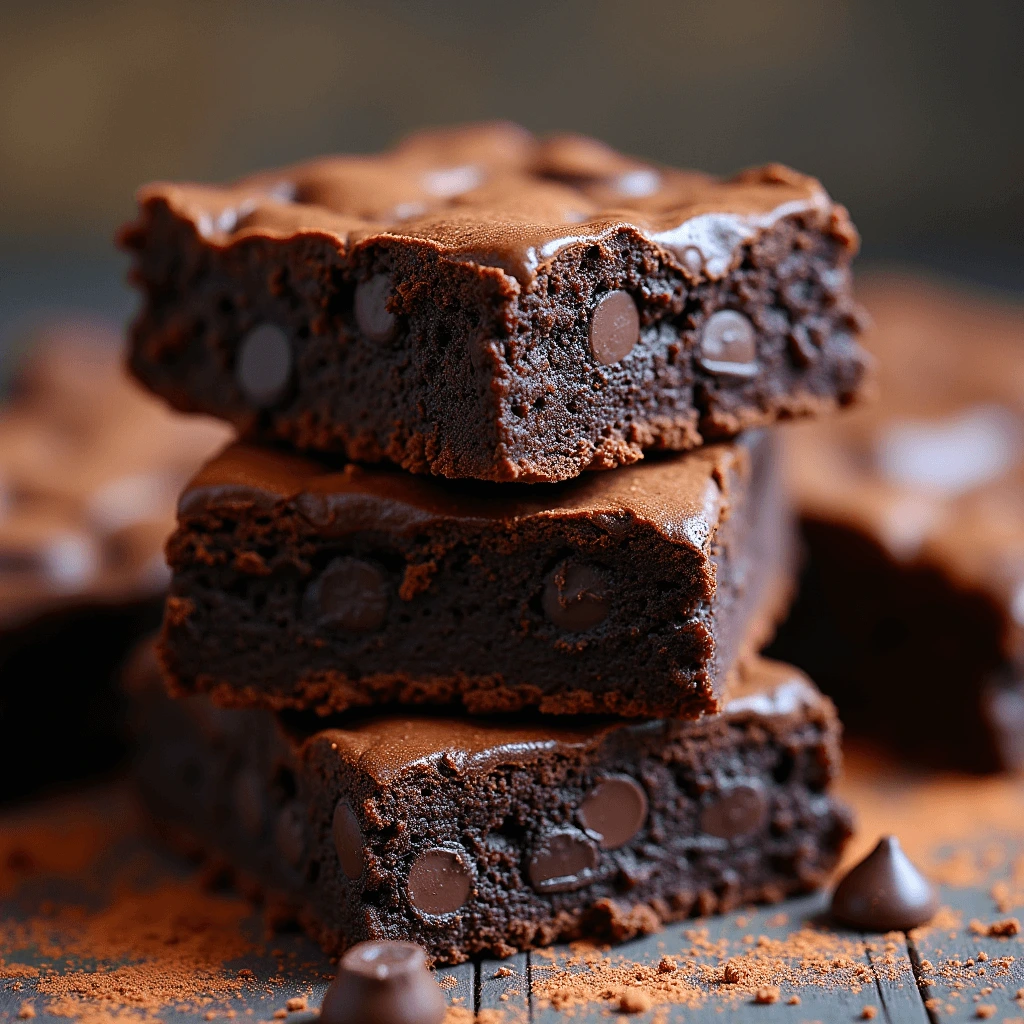 Freshly baked chocolate brownies on a plate, dusted with cocoa powder, served with a glass of milk.