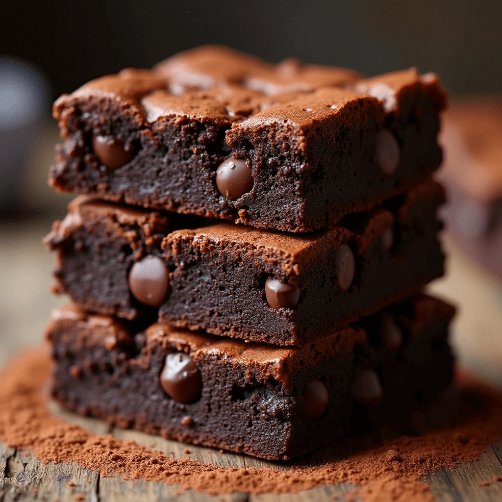 A close-up of a gooey chocolate brownie with melted chocolate inside, highlighting its rich and moist texture.