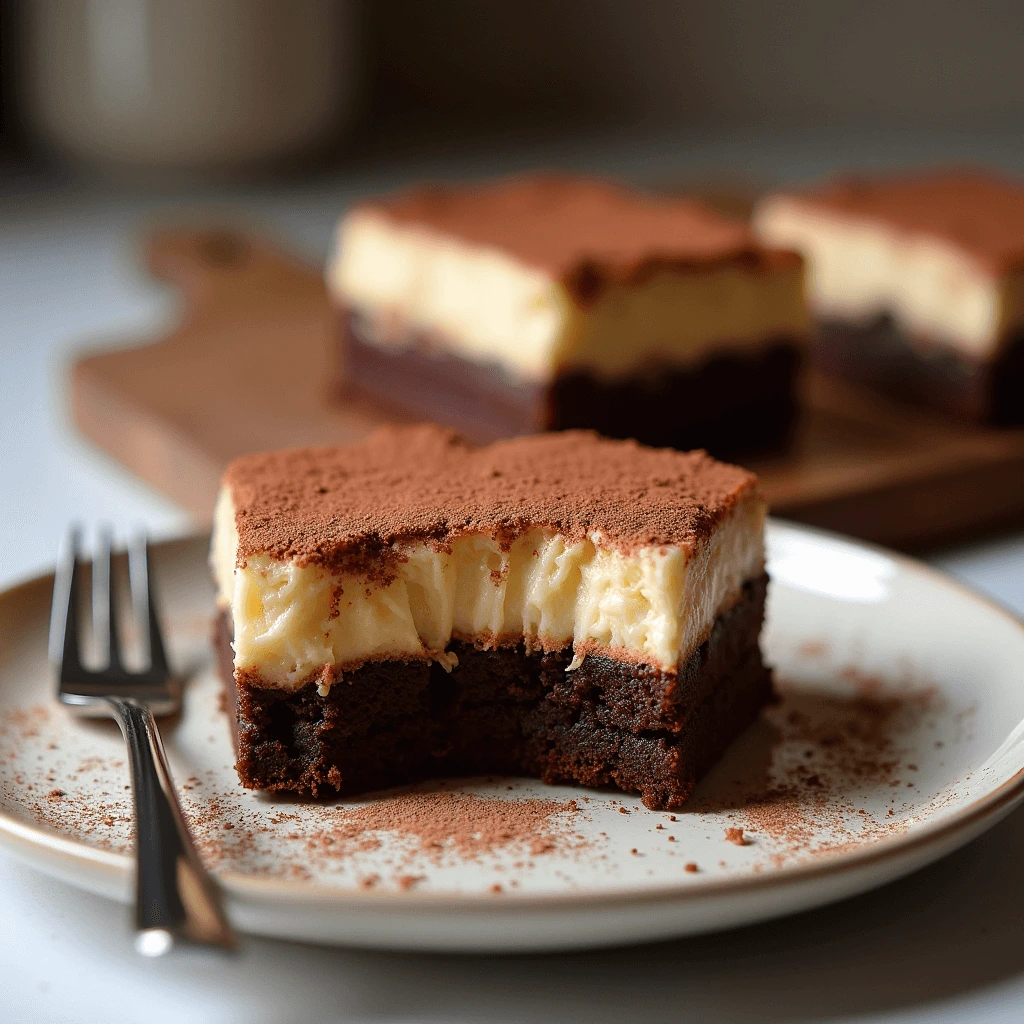 Tiramisu Brownies on a plate with a light dusting of cocoa powder