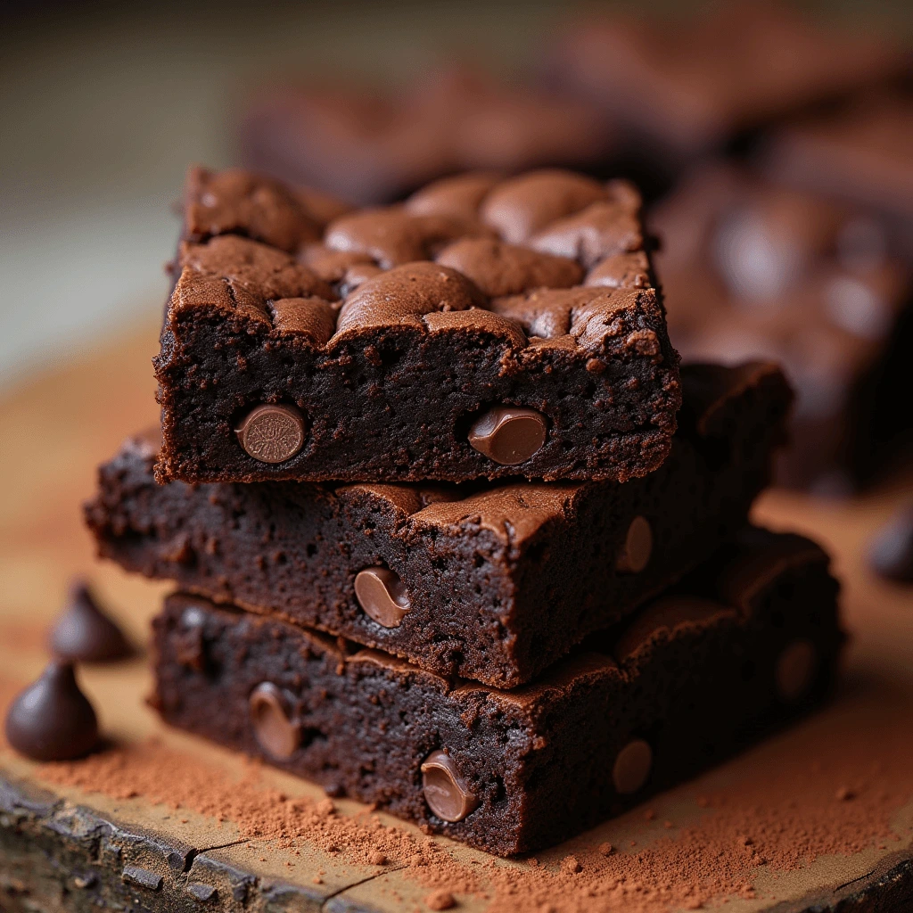 A stack of rich, fudgy chocolate brownies with a crackly top and a moist, dense interior, placed on a rustic wooden board.