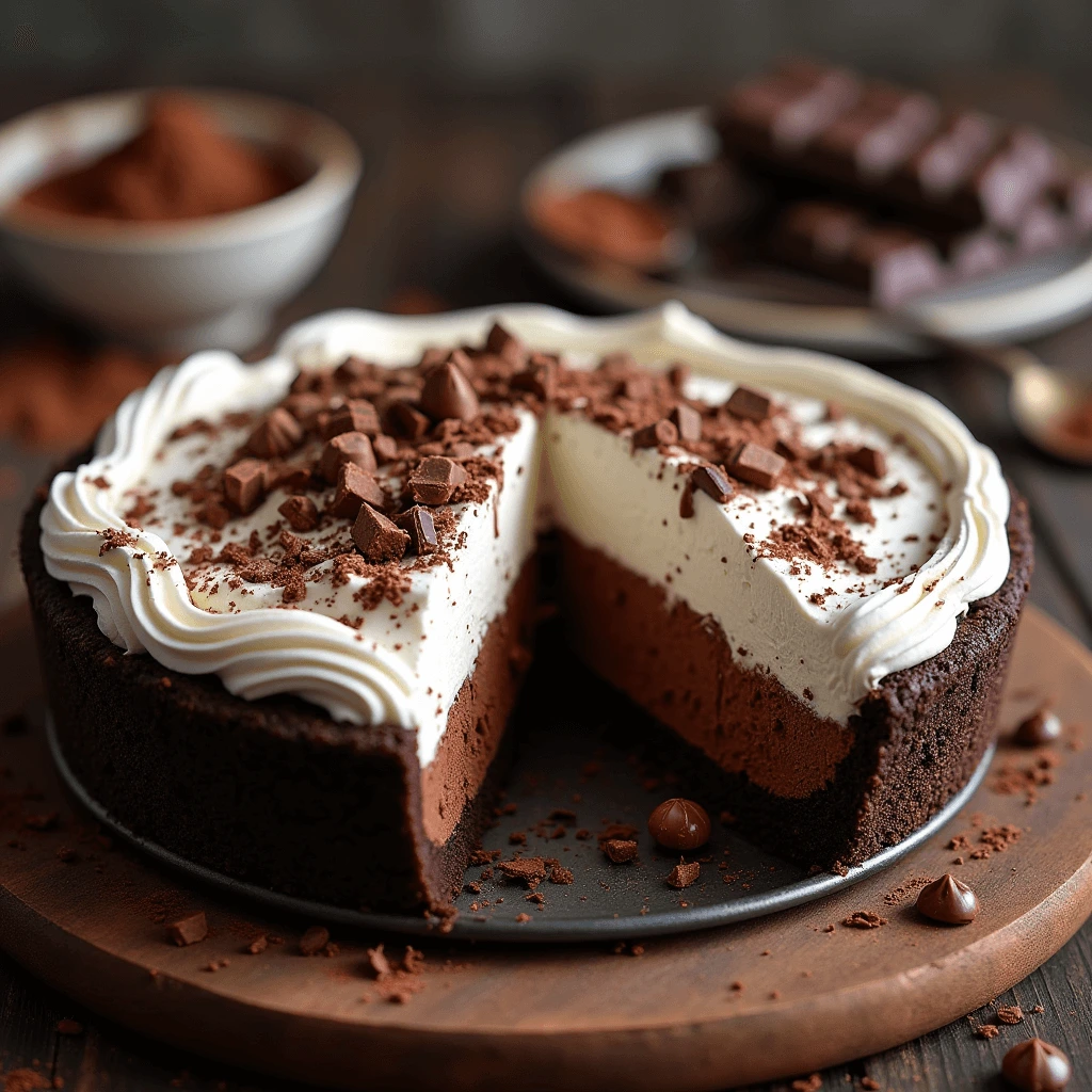 A rich and decadent Mississippi Mud Pie with a chocolate cookie crust, fudgy filling, and whipped cream topping, garnished with chocolate shavings.