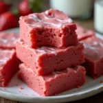 A tray of freshly baked strawberry brownies with a soft pink hue, cut into squares and topped with a light strawberry glaze.