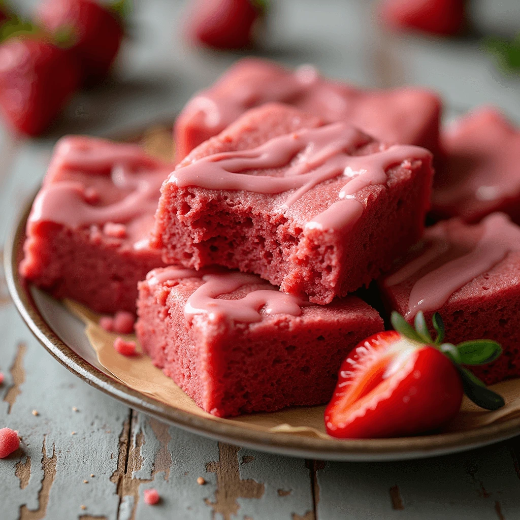 A stack of strawberry brownies with a bite taken out, showing their soft, moist texture and fresh strawberry pieces inside.
