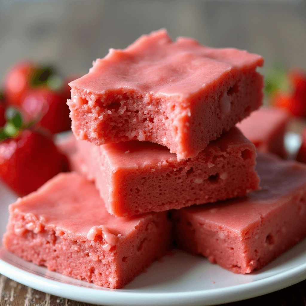 A plate of strawberry brownies drizzled with strawberry glaze, garnished with fresh strawberries.