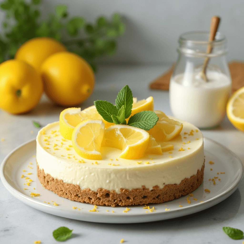 No bake lemon cheesecake with a graham cracker crust, topped with lemon slices, zest, and mint garnish on a stylish plate.