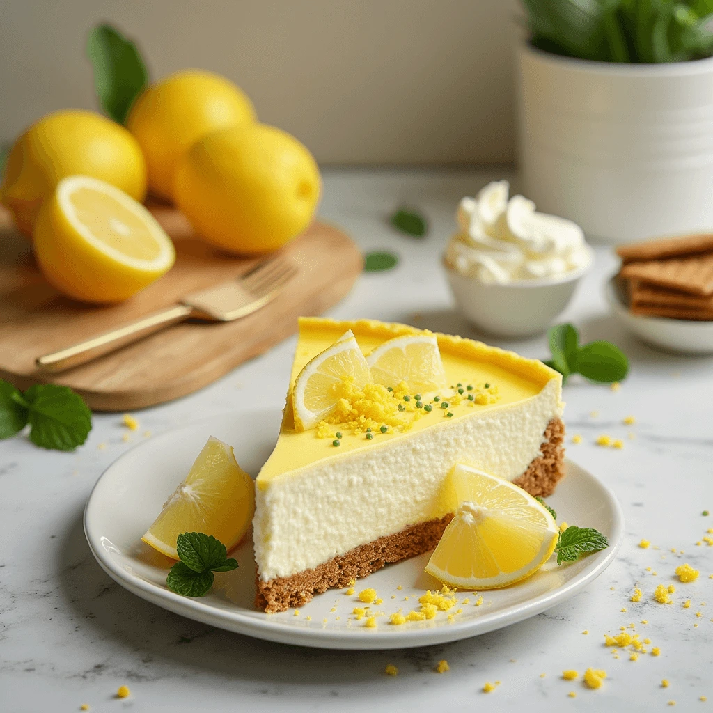 Fresh ingredients for no bake lemon cheesecake including lemons, cream cheese, graham crackers, and butter arranged on a wooden kitchen counter.