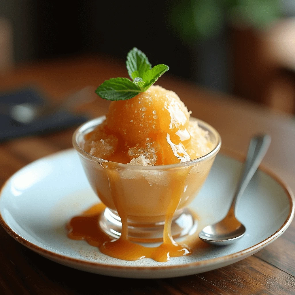 A close-up of a fork scraping caramel granita in a shallow dish, showing its flaky ice texture.