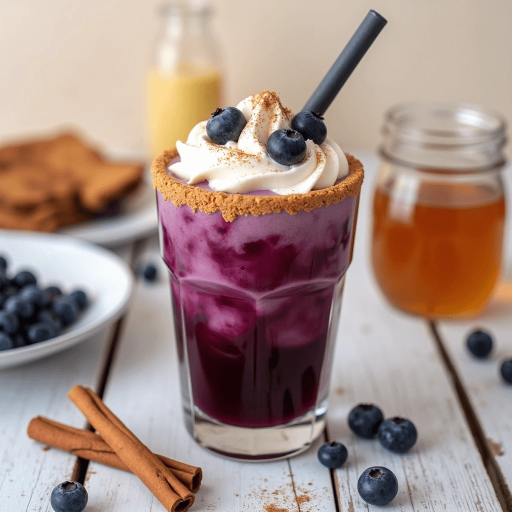 Blueberry Pie Mocktail served alongside a slice of blueberry pie on a rustic wooden table.
Title: Blueberry Pie Mocktail with Slice of Pie