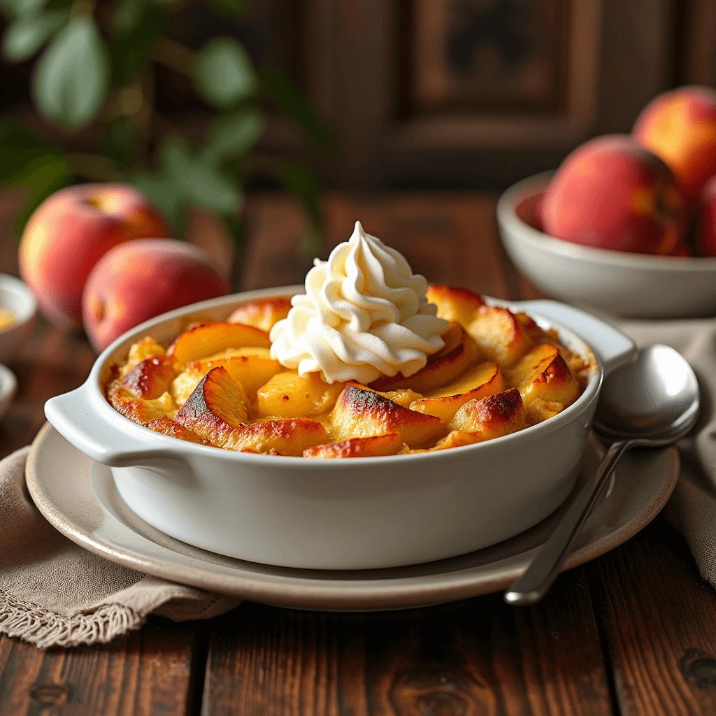 Sliced peach bread pudding served on a plate with whipped cream and fresh peaches."
Title: "Serving Peach Bread Pudding with Whipped Cream