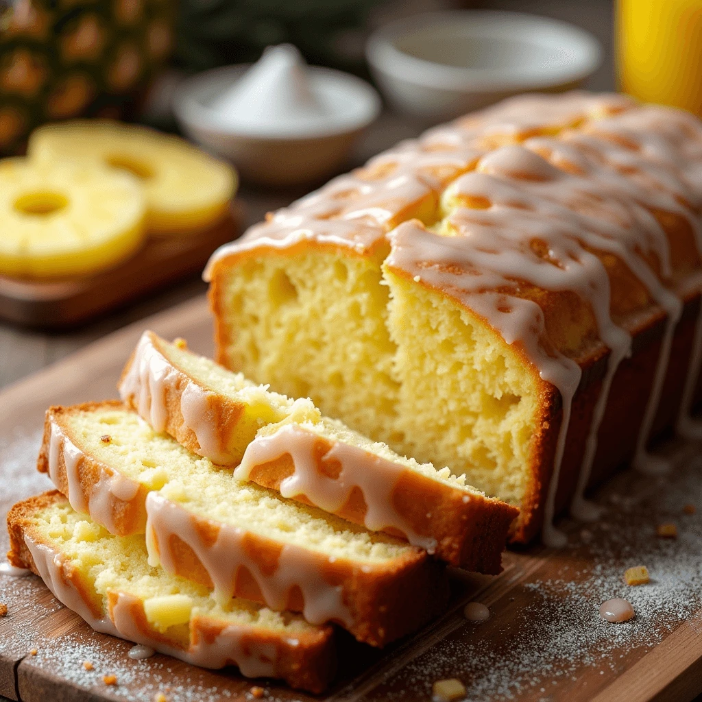 A slice of pineapple pound cake served with vanilla ice cream and fresh pineapple chunks on the side.