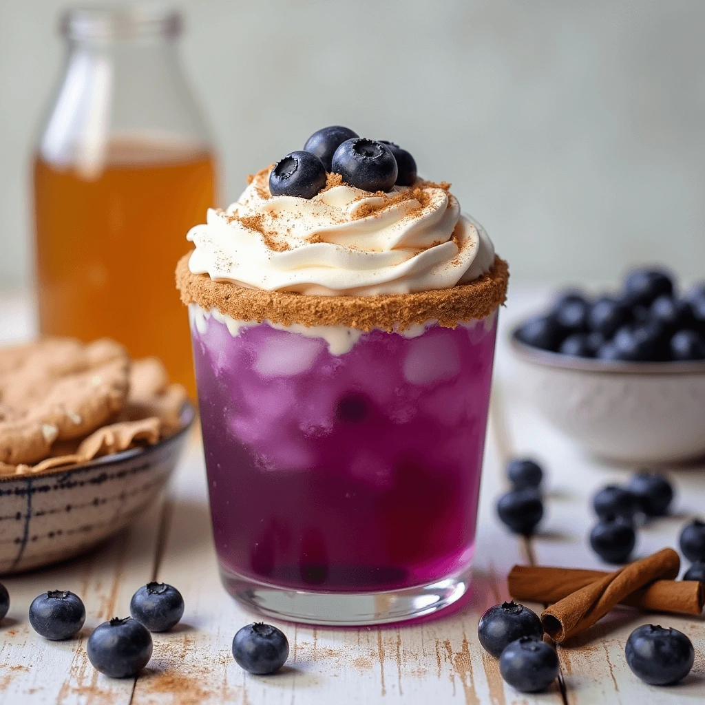 Ingredients for Blueberry Pie Mocktail including blueberries, cinnamon, apple juice, honey, and graham crackers.