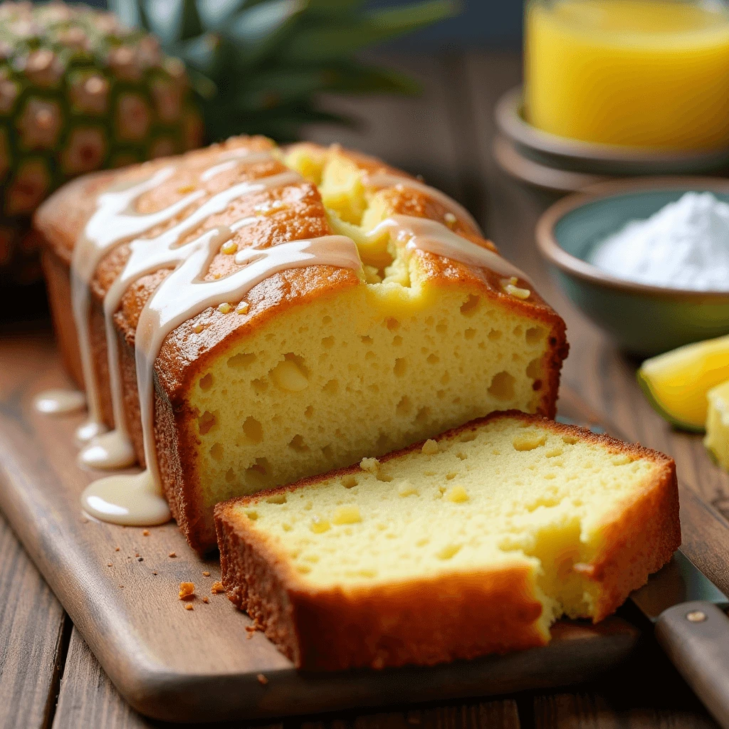 A single slice of pineapple pound cake on a white plate, drizzled with pineapple glaze, showing its soft and moist texture.