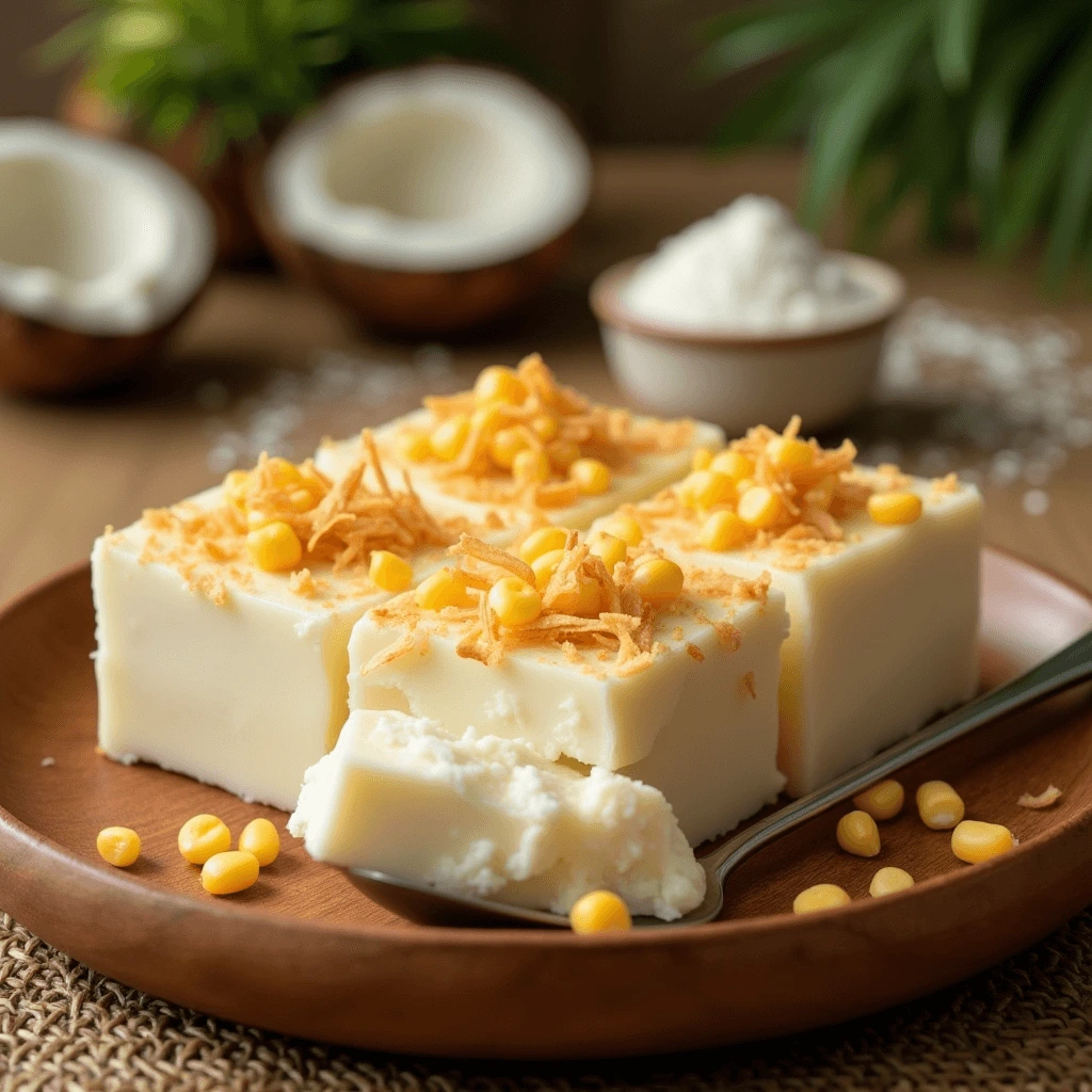 A creamy square of Maja Blanca topped with toasted coconut flakes, served on a wooden plate with a spoon on the side.